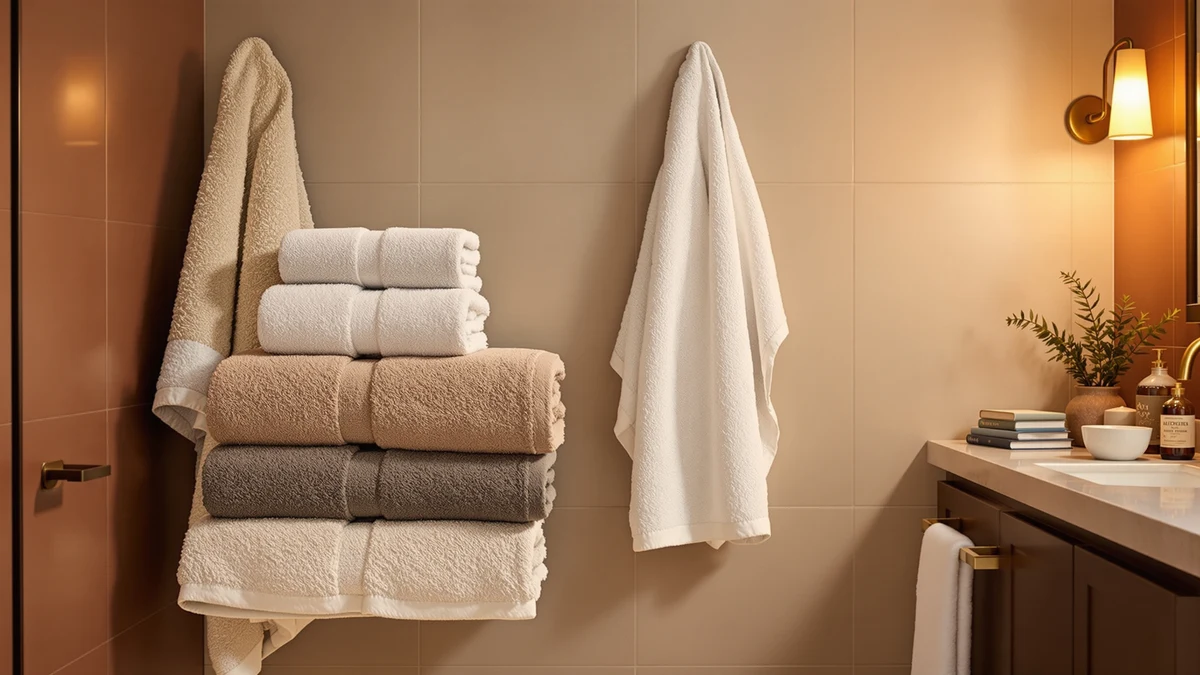 A stack of cotton bath towels in different weights and colors